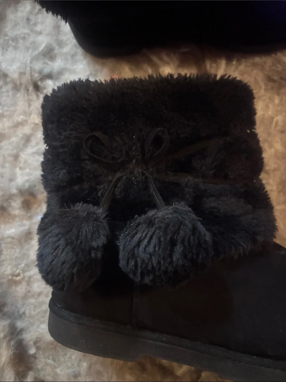 Women’s Black Faux-Fur Ankle Winter Boots with Pom Pom Detail